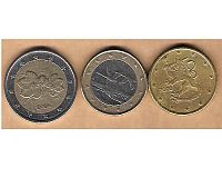 Finnland 2 Euro 2006, 1 Euro 2002, 50 Cent 2000. Umlaufmünzen.