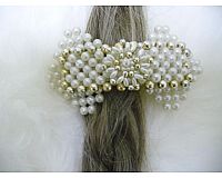 Haarspange Perlen weiß + goldfarben, Schleife ca.12 x 6 cm