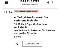 2 -5 Karten Teddybärenkonzert Staatstheater Darmstadt 11.04.