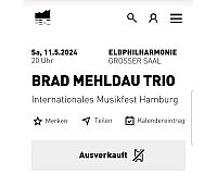 Elphi 11.05. Brad Mehldau Trio 1 Karte ELBPHILHARMONIE Jazz